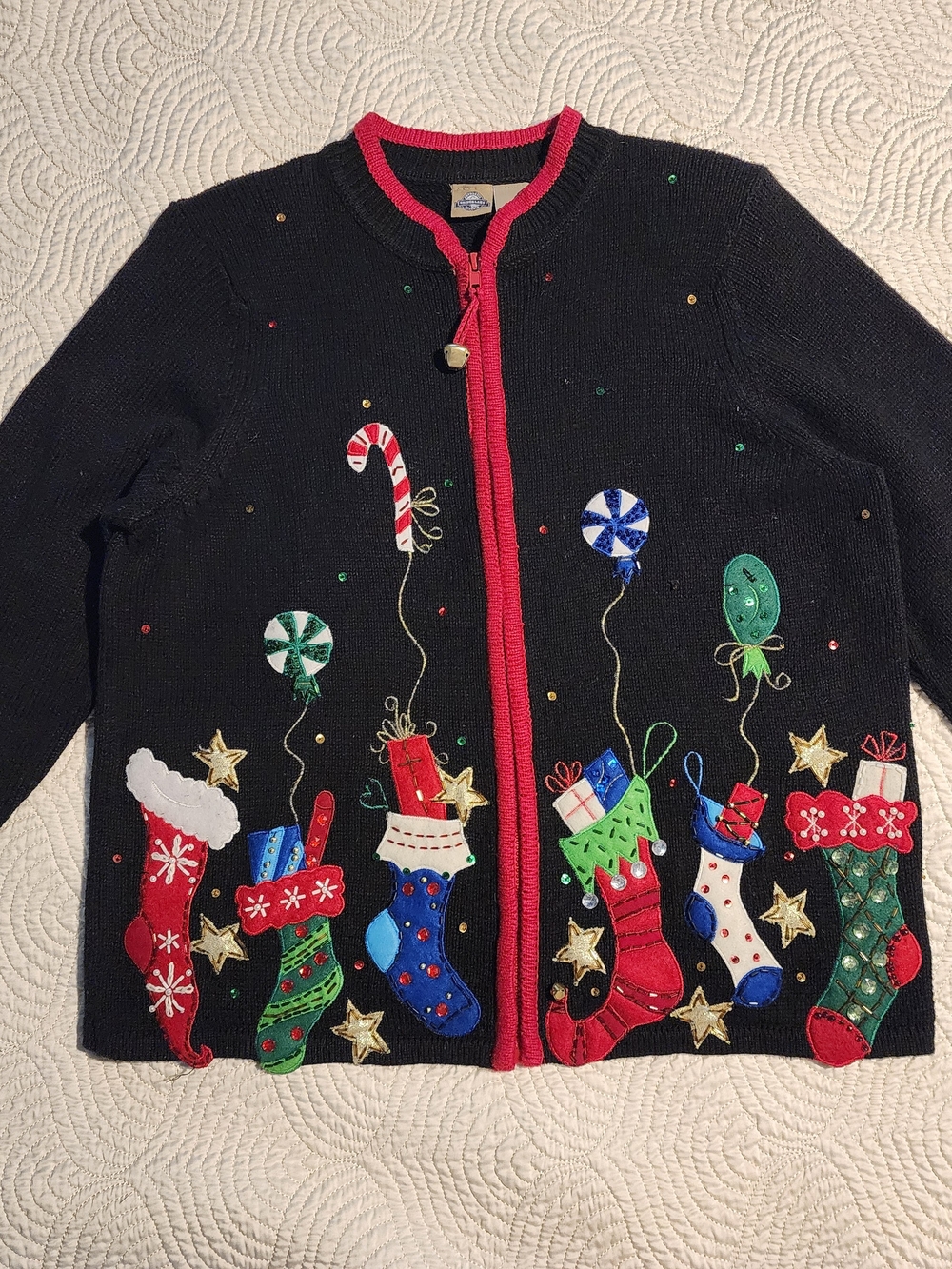 Festive Women's Black & Red Holiday Stocking Cardigan